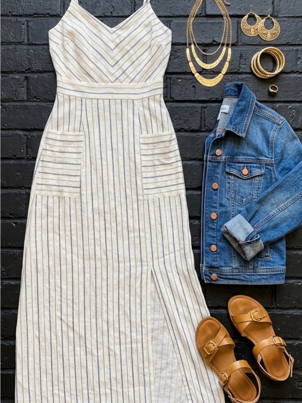 Monteau Cream Maxi Dress with Navy Pinstripes